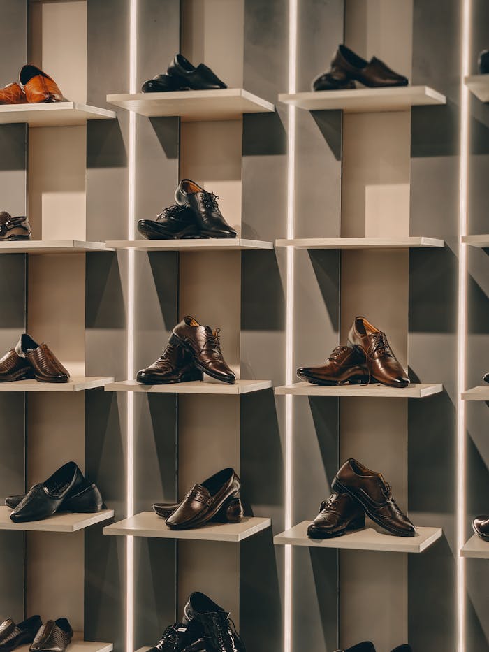 A stylish display of brown mens dress shoes organized neatly on modern shelves in a store.