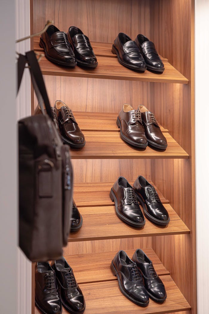 Collection of polished mens dress shoes displayed on wooden shelves in an organized closet.